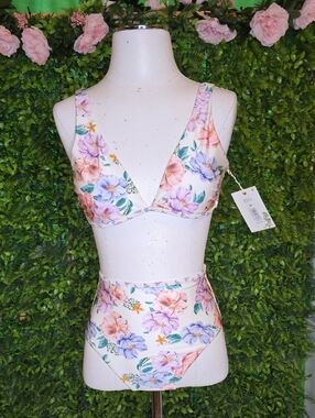 Chelsea & Violet Pastel Floral V-Neck Bikini - Pink, Purple, Green, Cream